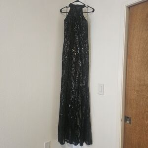 NEW | BANJUL Black Sequin Sheer Halter Floor-length Gown | Prom | Formal